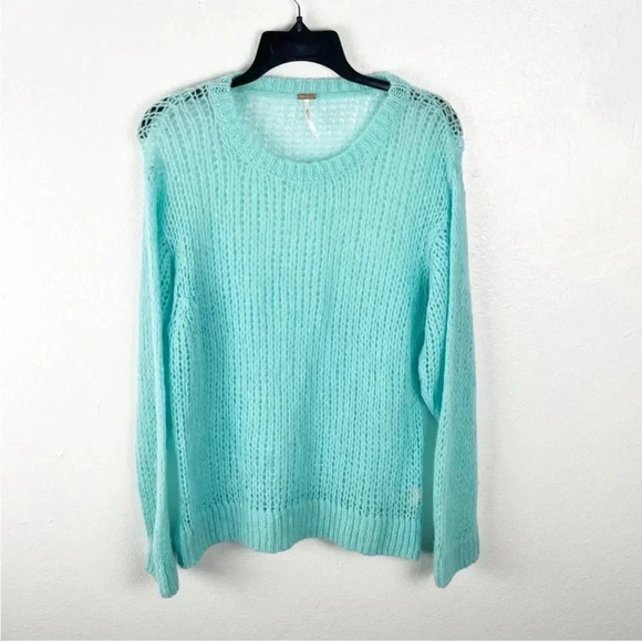 FREE PEOPLE Light And Lofty Alpaca Wool Blend Sky Blue Open Knit Sweater Small - Picture 1 of 5